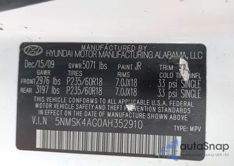 2010 Hyundai Santa Fe Limited V6 z USA, uszkodzony, nr VIN 5NMSK4AG0AH352910